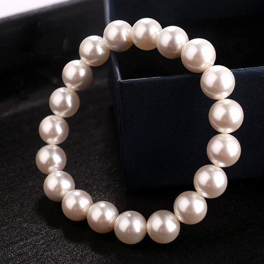 Luckacco Classic Elegant Elastic White Pearl Bracelet For Women Men Wedding Banquet Stretch Bracelets 6-12mm Beads Handmade Jewelry Gift