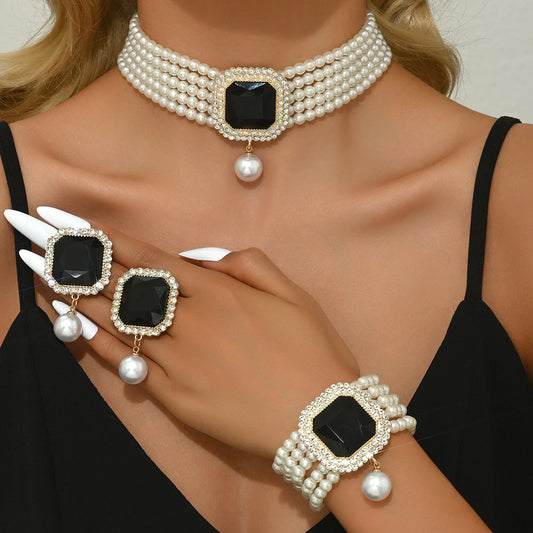 Luckacco Women's Fashion Light Luxury Short Style Imitation Pearl Rhinestone Necklace Earrings Bracelet Jewelry Set Party Festival Gift