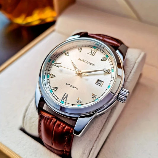 Luckacco New Stylish High-End Business Men's Watch, Fully Automatic Mechanical Watch, Skeleton Design, Round Dial, with Calendar Display, Leather Strap, Fashionable Accessory, Suitable for Business and Casual Wear, European, American, Japanese, and K