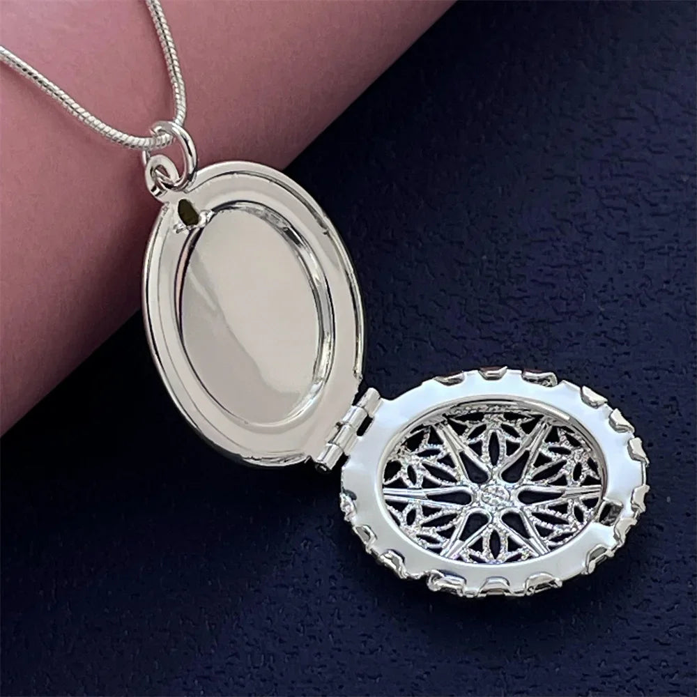 luckacco 925 silver necklace hollow round photo frame pendant, suitable for women's daily wear