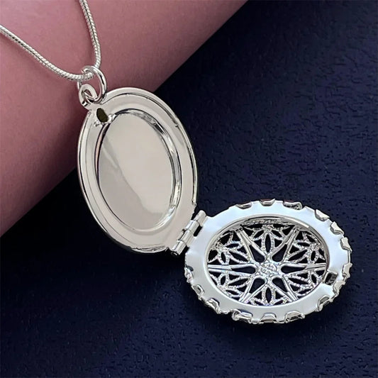 Luckacco 925 Silver Necklace Hollow Round Photo Frame Pendant, Suitable For Women's Daily Wear