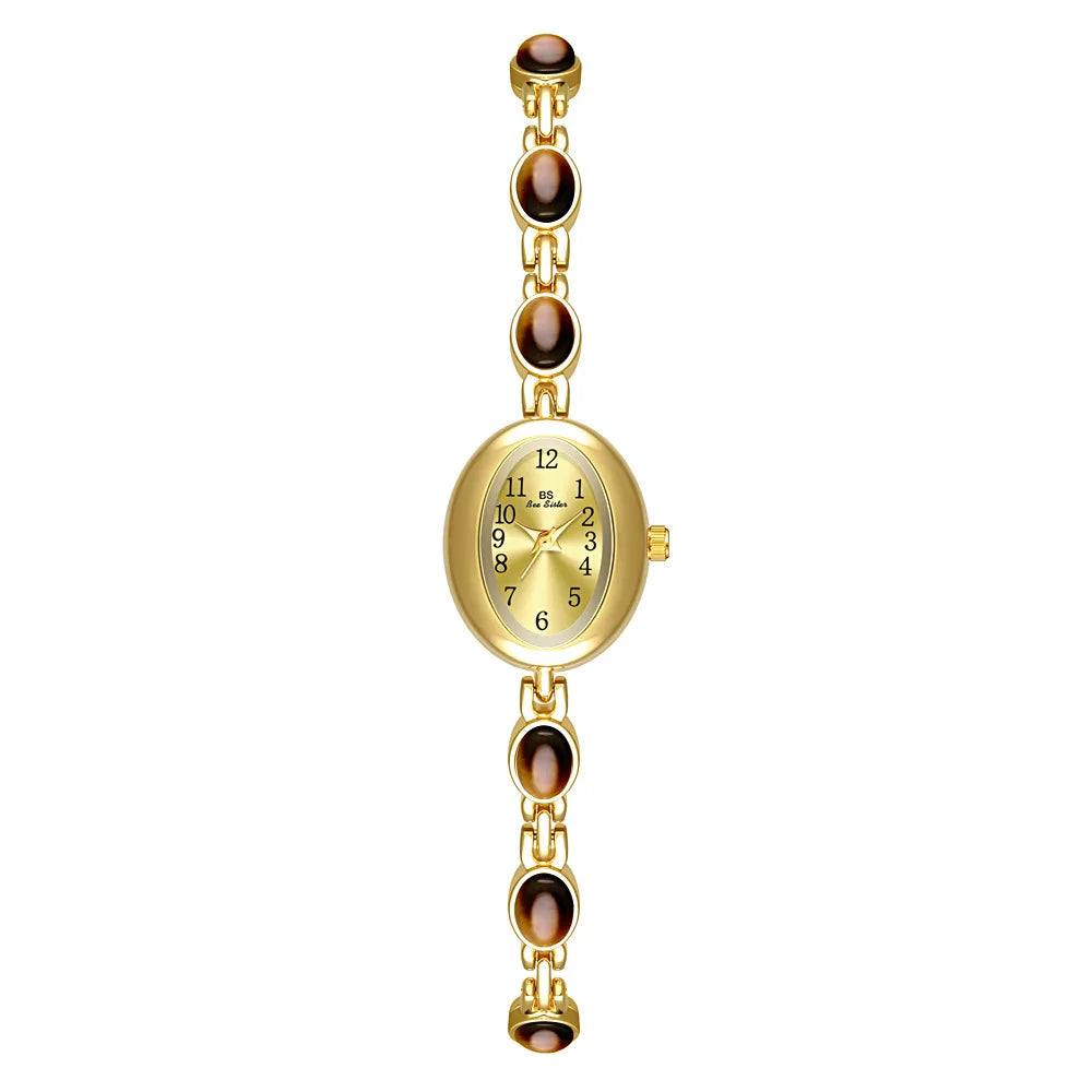 luckacco 2025 women quartz watch luxury brand retro natural dongling stone hotan jade waterproof ladies advanced chain wristwatches gift