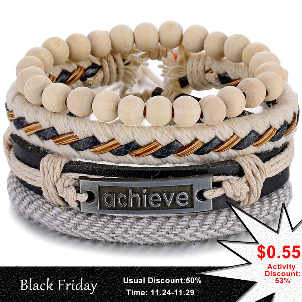 luckacco ifmia fashion beads leather wrap bracelet set men new design wristband multiple bracelets & bangles party wedding jewelry gifts