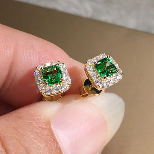 Luckacco daily picks Eternity Green CZ Stud Earrings for Women Gold Color Luxury Bride Wedding Earrings Elegant Ear Accessories Party Jewelry