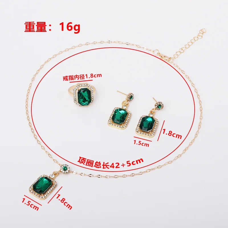 luckacco vintage emerald sets unique design light luxury temperament earrings  pendant necklace rings three-piece sets trend jewerly set