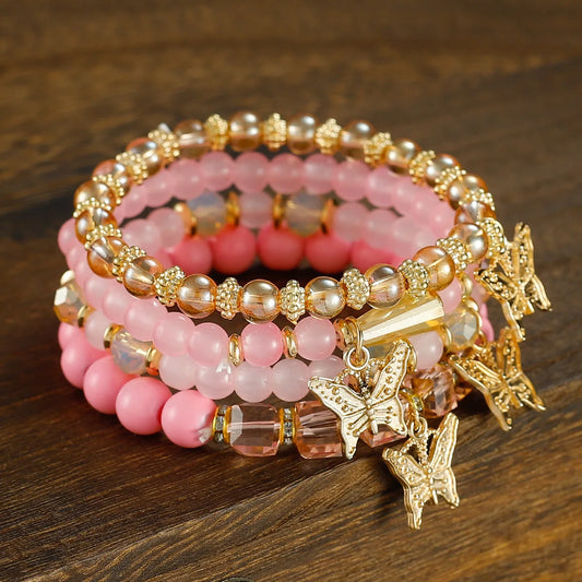 Luckacco 4pcs Set Bohemia Exquisite Acrylic Beaded Crystal Butterfly Bracelet for Women Charm Multilayer Pearl Bangle Jewelry Friend Gift