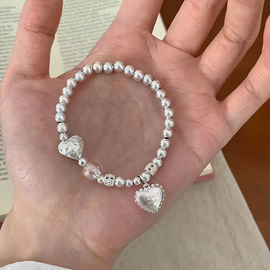 Luckacco New 925 Silver Geometric Bead Punk Peace of Mind Words Irregular String Bracelet For Woman Girl Fashion Jewelry Gift Dropship