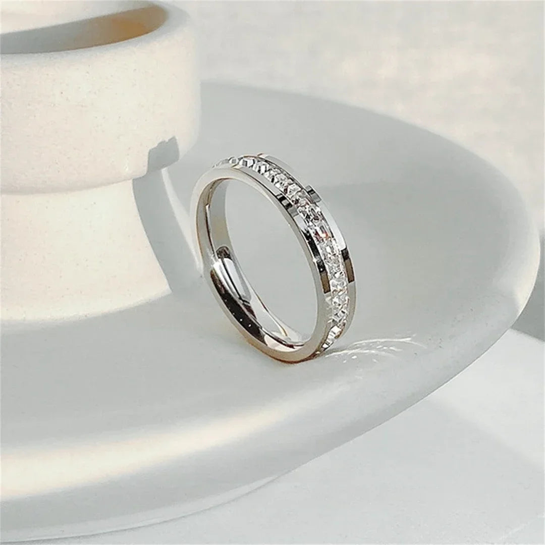 luckacco luxury rose gold double rowed square zircon stainless steel ring women's romantic engagement wedding party jewelry women gift