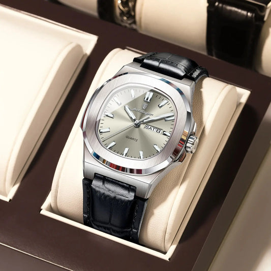 Luckacco POEDAGAR High Quality Watch For Men Luxury Luminous Waterproof Week Calendar Man Clock Leather Square Men's Quartz Watches Reloj