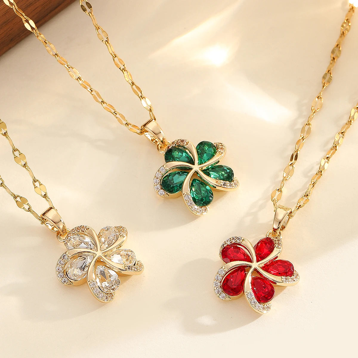 luckacco dieyuro 316l stainless steel green zircon flowers pendant necklace for women new luxury girls lucky chain birthday jewelry gifts