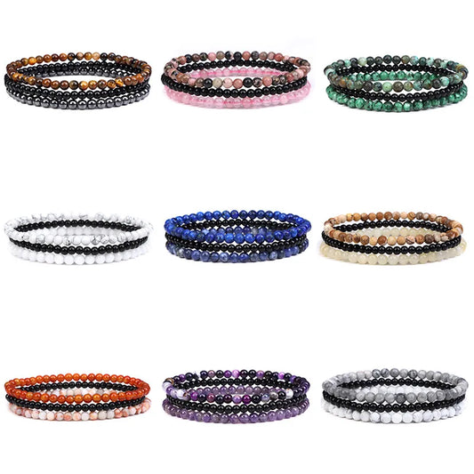 Luckacco 3pcs Amethysts Purple Agates Elastic Bracelets For Women Men Natural Stone Tiger Eye Black Onyx 4mm Beads Bracelet Set Jewelry