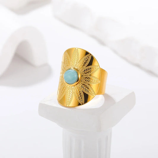Luckacco Vintage Turquoise Wide Ring for Women Gold Color Stainless Steel Wheat Ear Adjustable Open Ring Fashion Party Jewelry Gift