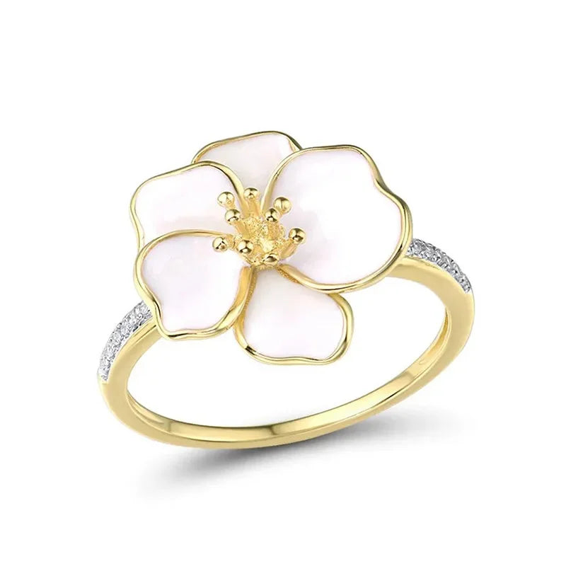 luckacco 2025 new rural style design: camellia ring with women's micro inlaid zircon flowers, fashionable and sweet jewelry accessories