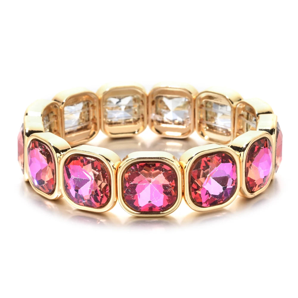 luckacco rose colorful glass crystal elastic bracelet enamel stretch rhinestone bangle tile bead bracelet for women fashion jewelry