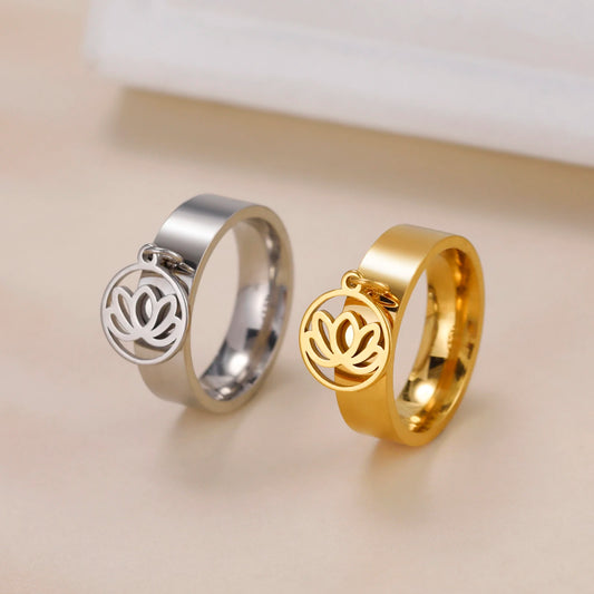 Luckacco Unift Women Stainless Steel Charms Rings Flower Leaf Spider Paw Pendant Finger Ring Fashion Minimalist Couple Jewelry