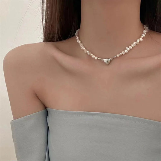 Luckacco Korean Fashion Pearl Chain Choker Necklace for Women Girls 2022 Trend Jewelry Heart Pendant Necklace Bridal Engagement