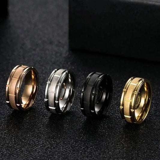Luckacco Fashion Men 8mm Rose Gold Color Stainless Steel Rings Double Groove Pattern Promise Rings For Men Wedding Jewelry Accessories