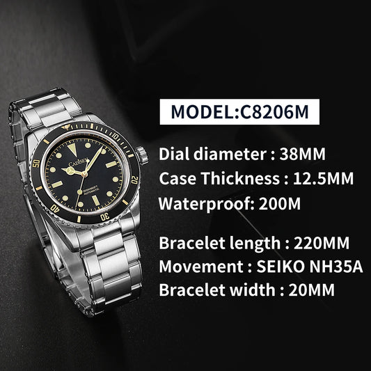 Luckacco CADISEN Luxury Men Watch 38mm Diver Vintage Automatic Business Wristwatches NH35 Mechanical Sapphire 20 Bar Mens Retro Clock