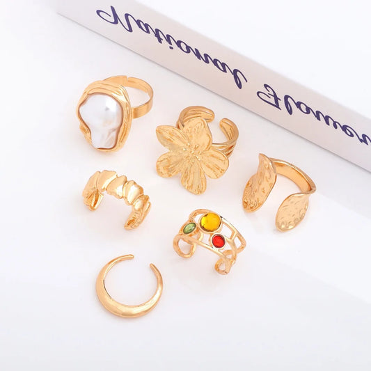 Luckacco 6pcs Set Personality Trend Liquid Metal Lava Flower Baroque Imitation Pearl Zircon Opening Rings for Women Jewelry Sets Gifts
