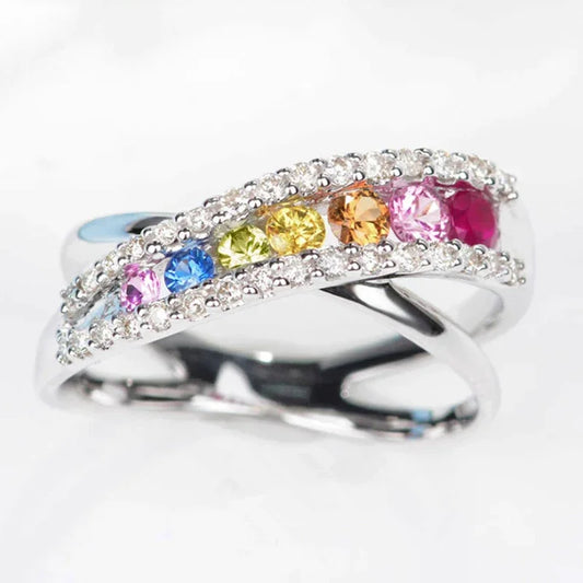 Luckacco Rainbow Cubic Zirconia Cross Rings for Women Newly Designed Wedding Engagement Accessories Silver Color Trendy Jewelry