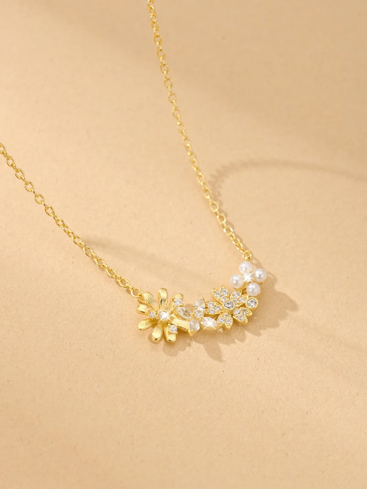 Luckacco Hot Selling 925 Sterling Silver Necklace Inlaid With Zircon Flowers And Pearls, With A Niche Design And Gentle Temperament.