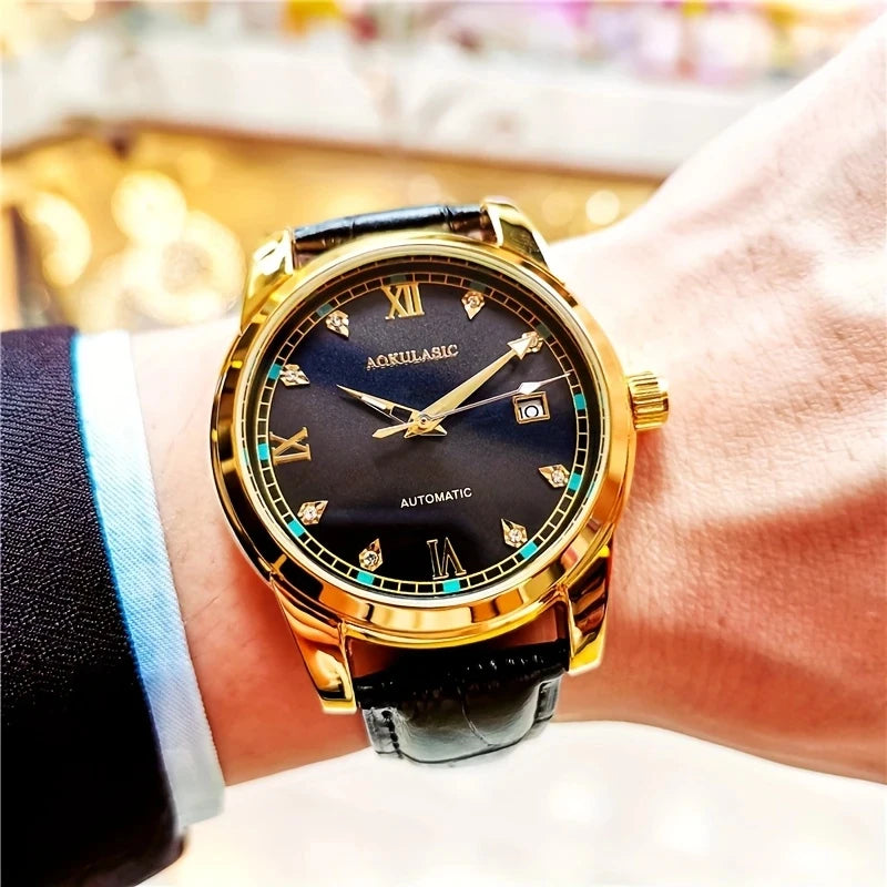 luckacco new stylish high-end business men's watch, fully automatic mechanical watch, skeleton design, round dial, with calendar display, leather strap, fashionable accessory, suitable for business and casual wear, european, american, japanese, and k