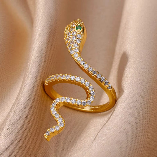 Luckacco Gold Plated Stainless Steel Green Zircon Snake Rings For Women Men Open Adjustable Finger Ring Vintage Gothic Aesthetic Jewelry