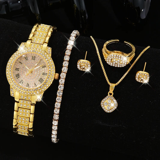Luckacco 6PCS/SET Silver Women's Watch Business Leisure Element Watch Luxury Dial Quartz Watch Jewelry Set Gift For Her