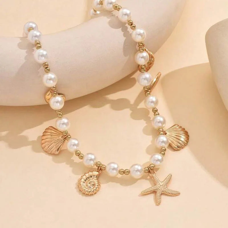 luckacco bohemia conch starfish imitation pearl necklace for women luxury exquisite beaded shell pendant necklace beach holiday jewelry