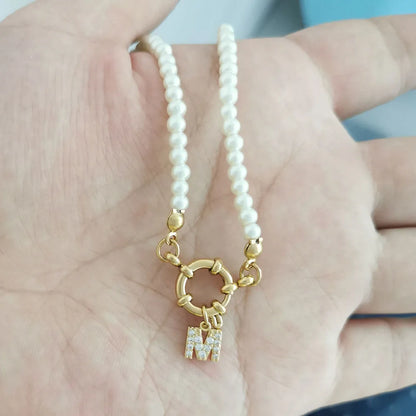 Luckacco QMHJE Initial Charm Letters Imitation Pearl Necklace Women Men Choker Stainless Steel Clasp Sailor Buckle 42cm Small Alphabet