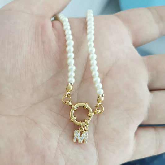 Luckacco QMHJE Initial Charm Letters Imitation Pearl Necklace Women Men Choker Stainless Steel Clasp Sailor Buckle 42cm Small Alphabet