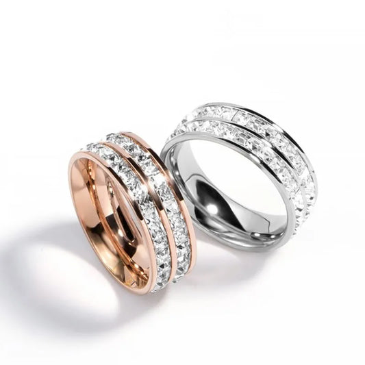 Luckacco Stainless Steel Double Row CZ Eternity Ring Wedding Band for Women Men Size 3-10