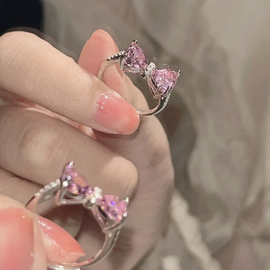 Luckacco Fashion Pink Bowknot Finger Ring Exquisite Sweet Bow-tie Ring Bowknot Adjustable Bowknot Opening Ring Weeding