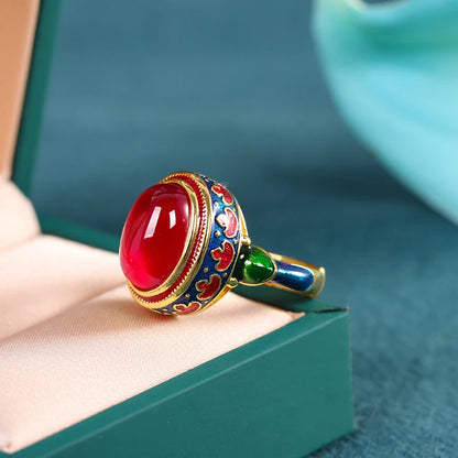 Luckacco Original ancient gold craftsmanship natural carnelian rings for women flower enamel national style light luxury Wedding jewelry