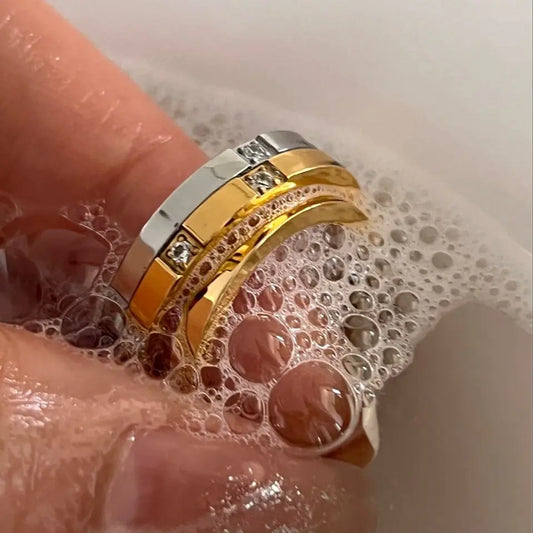 Luckacco Waterproof Stone Inlaid Finger Joint Ring for Women Exquisite Engraving Geometric Pattern Female Statement Party Wedding Rings