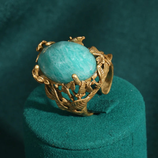 Luckacco Vintage Wedding Rings for Women Round Blue Natural Oval Green Crystal Horse Eye Shape Glass Retro Pattern Gold Color Jewelry