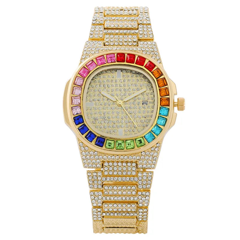 Luxury Round Quartz Rainbow Stone Dial Casual Watch Rhinestone Stainless Strap Fashionable Clock Waterproof Wristwatch for Women -  - Luckacco Jewelry and Watch Store