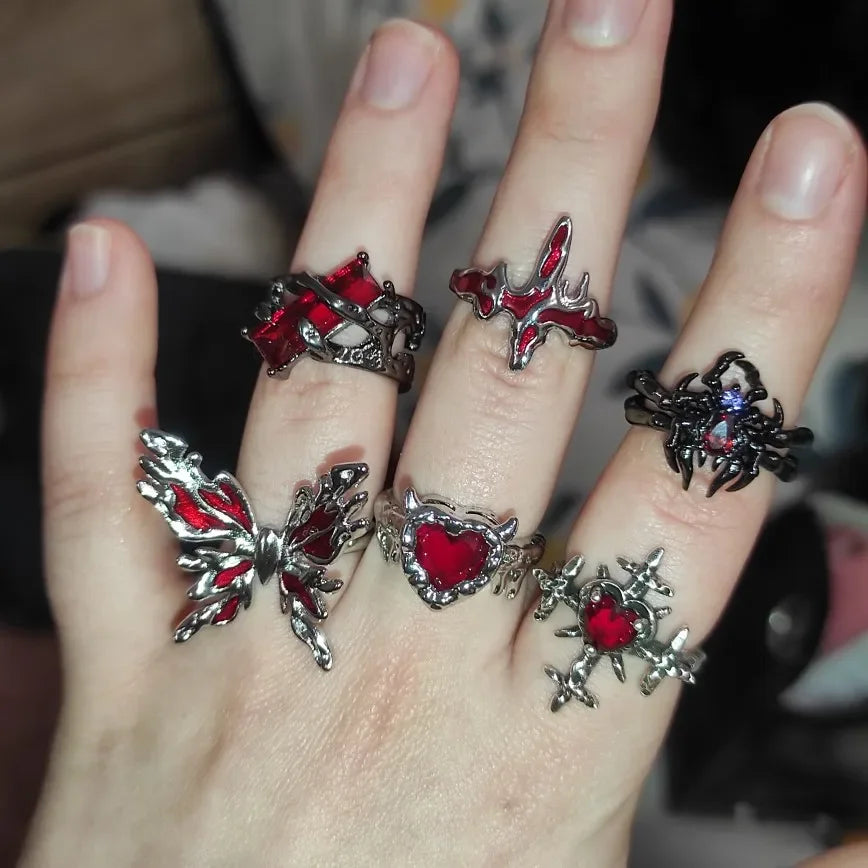 luckacco goth punk retro red crystal love heart cross geometry irregular open ring set y2k halloween accessories for women kpop jewelry