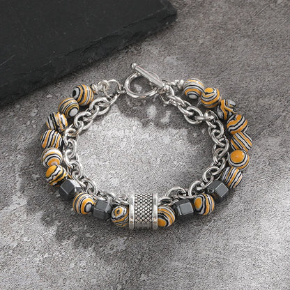 Luckacco 2Pcs/Set Natural Chakra Energy Stone Health Slimming Magnetic Therapy Men's Beaded Stainless Steel Bracelet Biomagnetic Bracelet