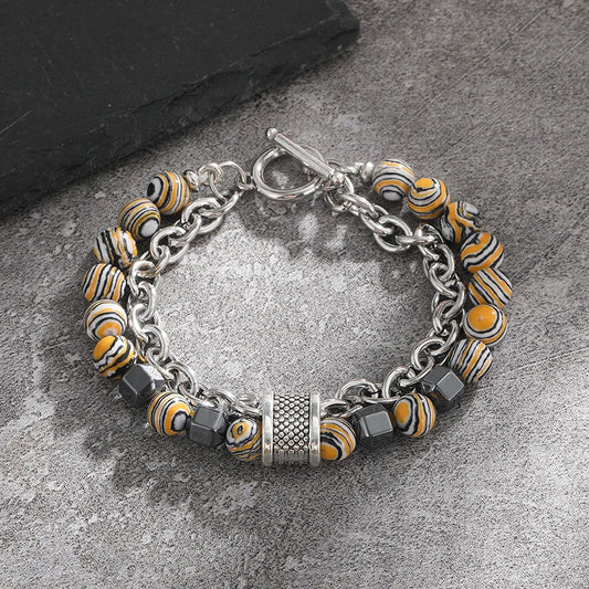 Luckacco 2Pcs/Set Natural Chakra Energy Stone Health Slimming Magnetic Therapy Men's Beaded Stainless Steel Bracelet Biomagnetic Bracelet