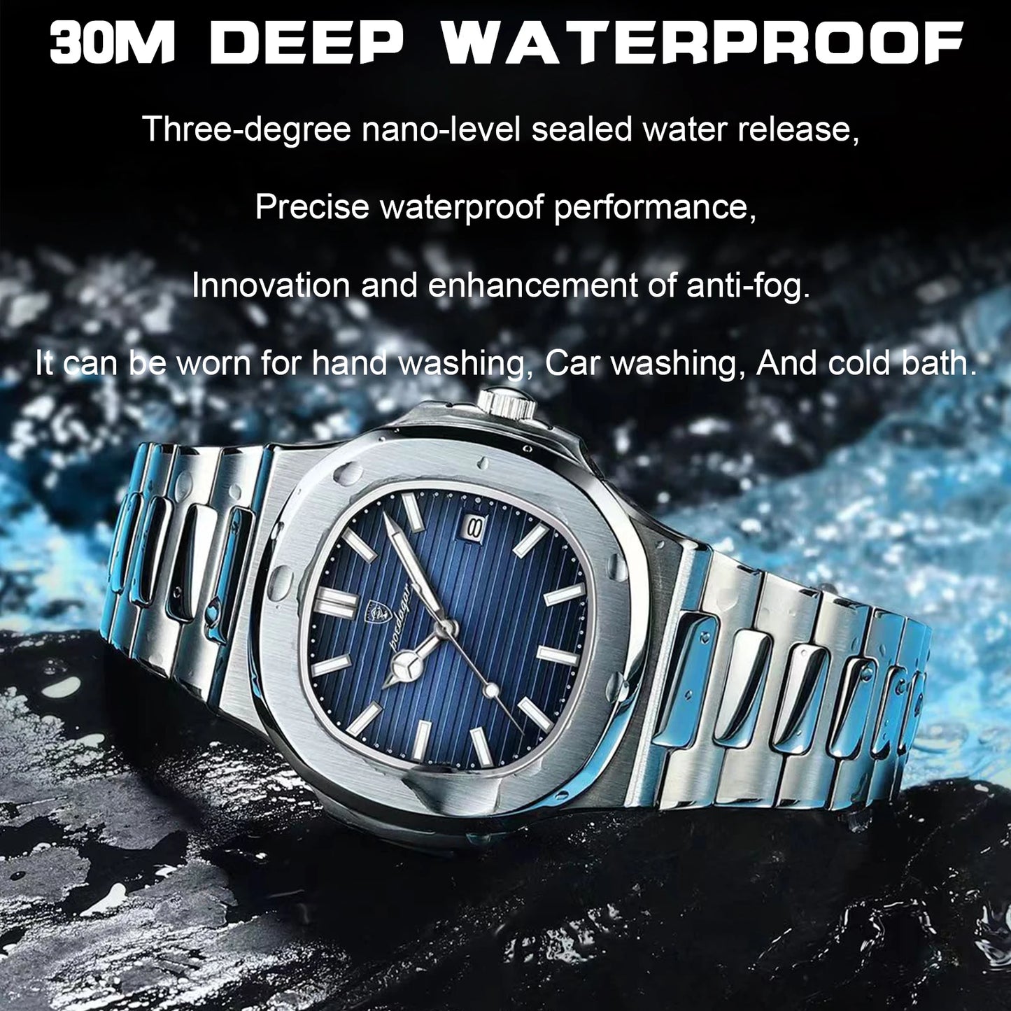 luckacco poedagar luxury casual watch top brand fashion square dial stainless steel calendar luminous waterproof men watch male clock+box