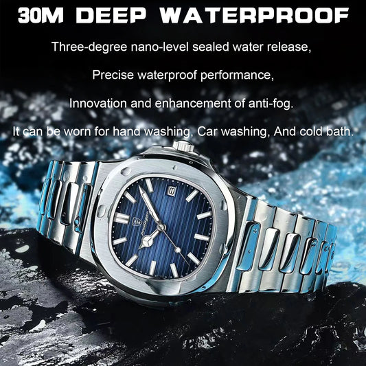Luckacco POEDAGAR Luxury Casual Watch Top Brand Fashion Square Dial Stainless Steel Calendar Luminous Waterproof Men Watch Male Clock+Box