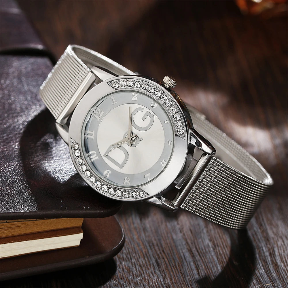 luckacco luxury 2025 women's watches with diamonds simple digital design ladies' quartz watch casual gold mesh belt women clock strap