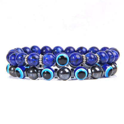 Luckacco Lucky Evil Eye Beads Bracelet Natural Stone Lava Hematite Bracelet Set Multilayer Bracelets Women Men Handmade Elastic Jewelry