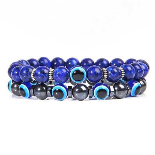 Luckacco Lucky Evil Eye Beads Bracelet Natural Stone Lava Hematite Bracelet Set Multilayer Bracelets Women Men Handmade Elastic Jewelry