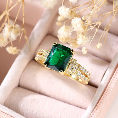 Luckacco Green Crystal Square Stone Engagement Rings For Women Yellow Gold Color Wedding Band Jewelry May Birthstone Mother's Day Gifts