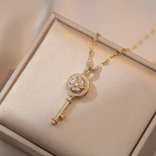 Luckacco Fashion Vintage Zircon Key Pendant Necklaces for Women Classic Stainless Steel Jewelry Accessories Gifts for Lover