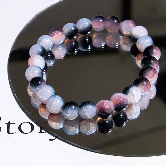 Luckacco Fashion Exquisite Ice Crack Gradient Forest Flower Pattern Beaded Glass Bracelet for Women High Beauty Elastic Bracelet Jewelry