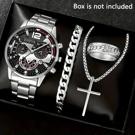 Luckacco 4Pcs/set Luxury Men Business Quartz Watch stainless steel Roman Calendar Wrist Watch Cross Necklace Bracelet Ring Set Men's Gift