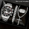 Luckacco 4Pcs/set Luxury Men Business Quartz Watch stainless steel Roman Calendar Wrist Watch Cross Necklace Bracelet Ring Set Men's Gift